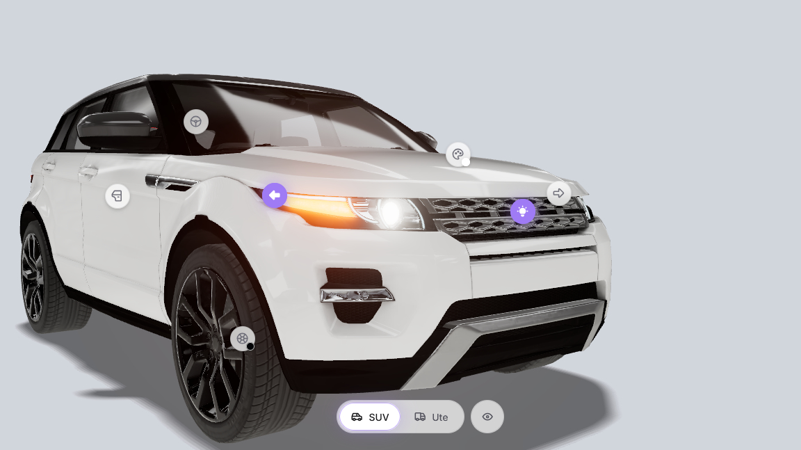 Front view of white SUV with illuminated indicator